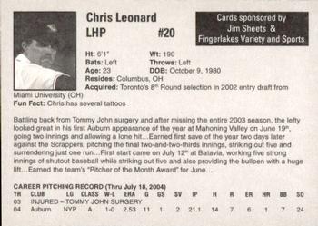 2004 Auburn Doubledays #20 Chris Leonard Back