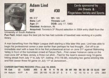2004 Auburn Doubledays #21 Adam Lind Back