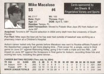 2004 Auburn Doubledays #22 Mike Macaluso Back