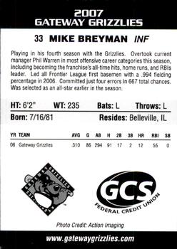 2007 Gateway Grizzlies #4 Mike Breyman Back