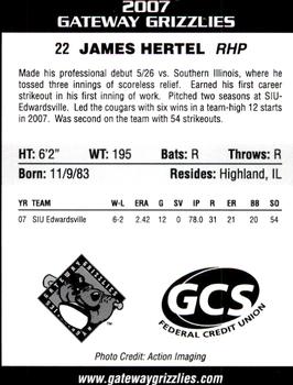 2007 Gateway Grizzlies #9 James Hertel Back
