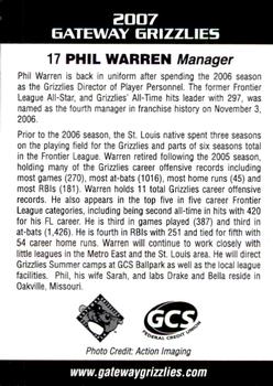 2007 Gateway Grizzlies #26 Phil Warren Back