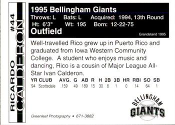 1995 Bellingham Giants #44 Ricardo Calderon Back