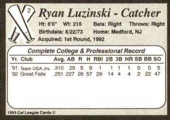 1993 Cal League Bakersfield Dodgers #2 Ryan Luzinski Back