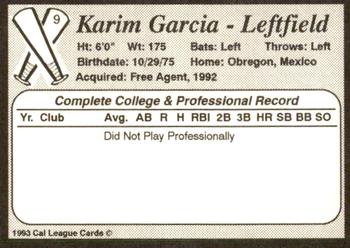 1993 Cal League Bakersfield Dodgers #9 Karim Garcia Back