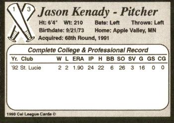 1993 Cal League Bakersfield Dodgers #13 Jason Kenady Back