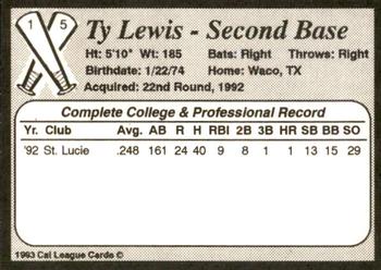 1993 Cal League Bakersfield Dodgers #15 Ty Lewis Back