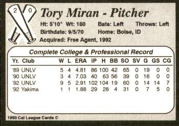 1993 Cal League Bakersfield Dodgers #20 Tory Miran Back