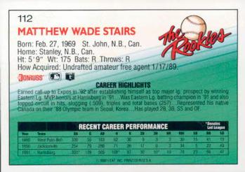 1992 Donruss The Rookies #112 Matt Stairs Back