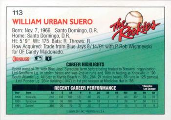 1992 Donruss The Rookies #113 William Suero Back