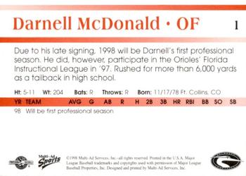 1998 Multi-Ad Delmarva Shorebirds #1 Darnell McDonald Back