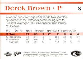 1998 Multi-Ad Delmarva Shorebirds #8 Derek Brown Back