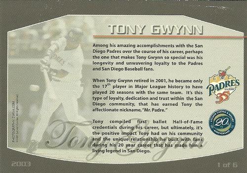 2003 Sycuan Casino & Resort Tony Gwynn #1 Tony Gwynn Back
