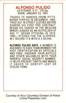 1986 Columbus Clippers Police #NNO Alfonso Pulido Back