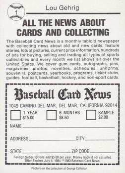 1983 Baseball Card News #1 Lou Gehrig Back