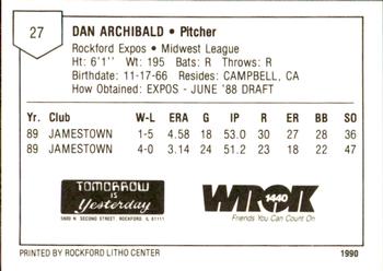 1990 Litho Center Rockford Expos #1 Dan Archibald Back