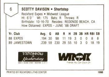 1990 Litho Center Rockford Expos #6 Scott Davison Back