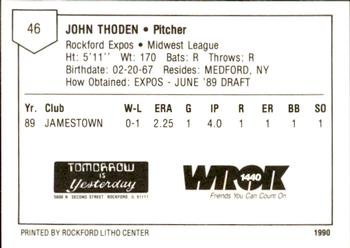 1990 Litho Center Rockford Expos #26 John Thoden Back