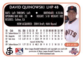 2010 Grandstand San Jose Giants #21 David Quinowski Back