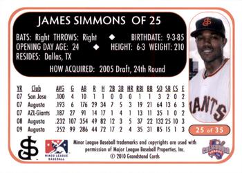 2010 Grandstand San Jose Giants #25 James Simmons Back