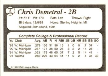 1992 Cal League Bakersfield Dodgers #8 Chris Demetral Back