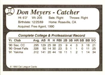 1992 Cal League Bakersfield Dodgers #17 Don Meyers Back