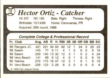 1992 Cal League Bakersfield Dodgers #18 Hector Ortiz Back