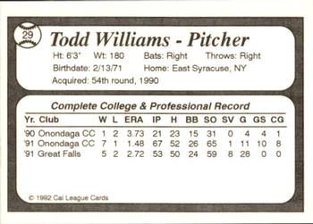 1992 Cal League Bakersfield Dodgers #29 Todd Williams Back
