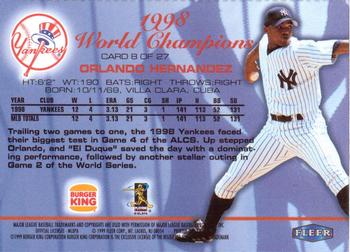 1999 Fleer Burger King New York Yankees #8 Orlando Hernandez Back