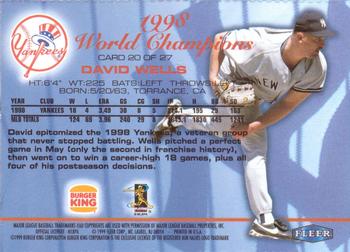 1999 Fleer Burger King New York Yankees #20 David Wells Back