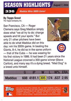 2005 Topps #336 Maddux Wins 300th Game! Back