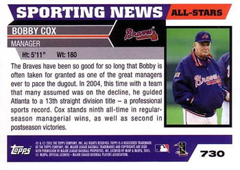 2005 Topps #730 Bobby Cox Back