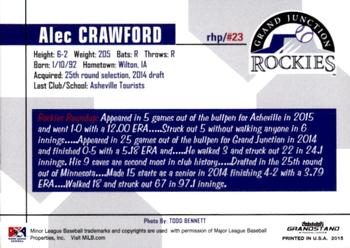 2015 Grandstand Grand Junction Rockies #NNO Alec Crawford Back