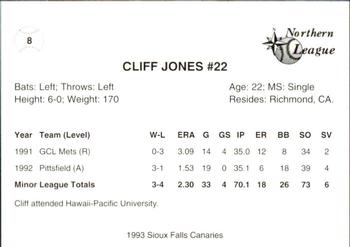 1993 Sioux Falls Canaries #8 Cliff Jones Back