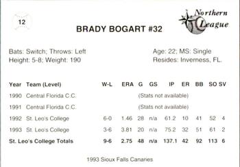 1993 Sioux Falls Canaries #12 Brady Bogart Back