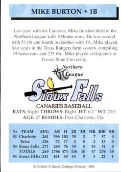 1994 Collect-A-Sport Sioux Falls Canaries #5 Mike Burton Back