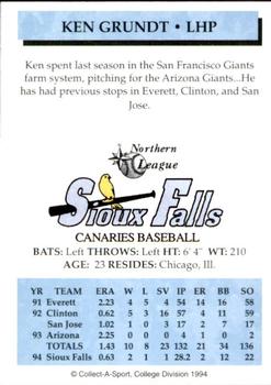 1994 Collect-A-Sport Sioux Falls Canaries #10 Ken Grundt Back