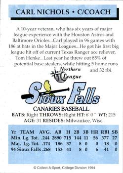 1994 Collect-A-Sport Sioux Falls Canaries #18 Carl Nichols Back