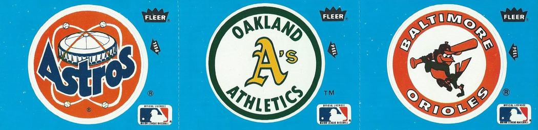 1985 Fleer Star Stickers - Team Stickers 3-Sticker Panels #NNO Baltimore Orioles / Oakland Athletics / Houston Astros Logos Front