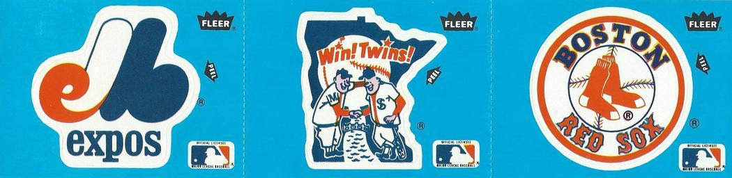 1985 Fleer Star Stickers - Team Stickers 3-Sticker Panels #NNO Boston Red Sox / Minnesota Twins / Montreal Expos Logos Front