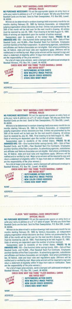 1985 Fleer Star Stickers - Team Stickers 3-Sticker Panels #NNO Kansas City Royals / Toronto Blue Jays / San Francisco Giants Logos Back