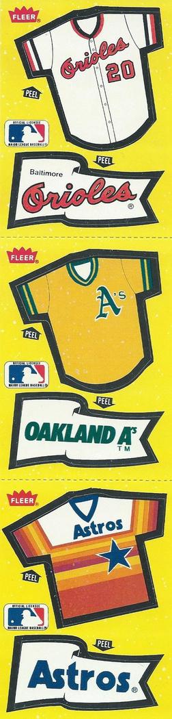 1985 Fleer Star Stickers - Team Stickers 3-Sticker Panels #NNO Baltimore Orioles / Oakland Athletics / Houston Astros Jerseys Front