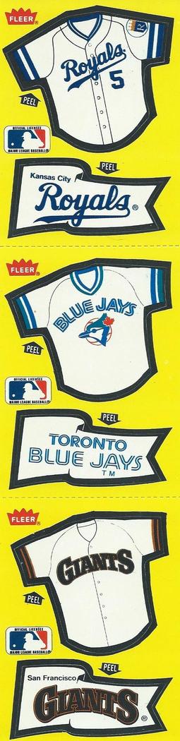 1985 Fleer Star Stickers - Team Stickers 3-Sticker Panels #NNO Kansas City Royals / Toronto Blue Jays / San Francisco Giants Jerseys Front