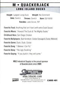2017 Choice Long Island Ducks #01 Quackerjack Back