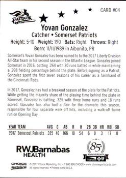 2017 Choice Atlantic League All-Stars #4 Yovan Gonzalez Back