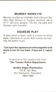 1985 Arizona Wildcats Police #NNO Murray Hicks Back
