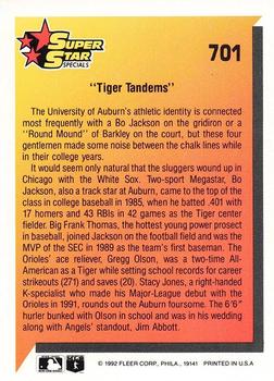 1992 Fleer #701 Tiger Tandems (Stacy Jones / Bo Jackson / Gregg Olson / Frank Thomas) Back