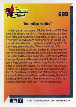 1992 Fleer #699 The Indispensables (Bobby Bonilla / Will Clark) Back