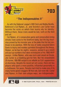 1992 Fleer #703 The Indispensables II (Cal Ripken, Jr. / Joe Carter) Back