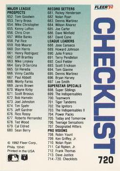 1992 Fleer #720 Checklist: Padres / Giants / Special Cards Back